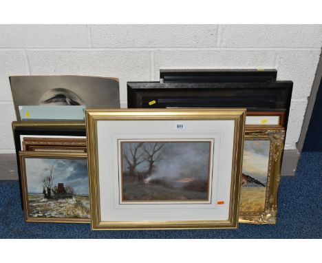 A SMALL QUANTITY OF PAINTINGS AND PRINTS ETC, to include a David Mynett pastel landscape depicting figures beside a bonfire, 