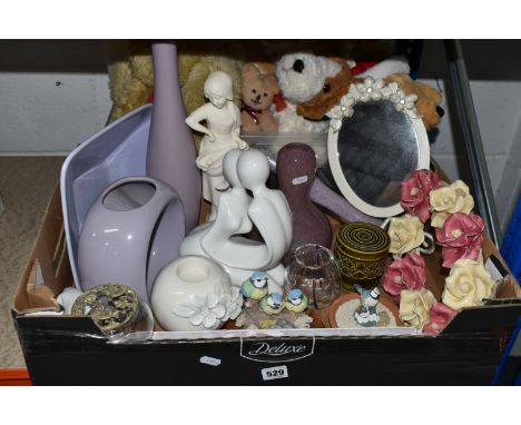 TWO BOXES OF CERAMICS, GLASS, DECORATIVE HOMEWARE AND SOFT TOYS, to include a Beswick preserve pot no 2245, a pink gourd shap