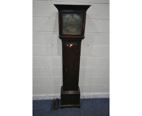 A GEORGIAN OAK EIGHT DAY LONGCASE CLOCK, the square glass door enclosing an 11 inch brass dial, depicting Roman and Arabic nu