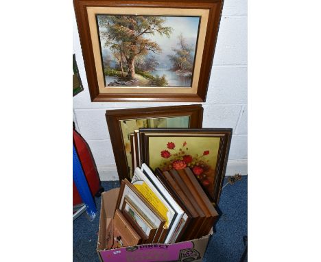 A BOX AND LOOSE PICTURE AND PRINTS, to include four Basil Ede framed tile pictures of birds, a Jimmy Swinnerton tile picture 
