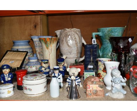 A QUANTITY OF CERAMICS AND ORNAMENTS, comprising two Circle Pottery Art Deco design jugs(crazed) and two vases (one vase has 