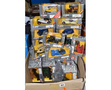 THIRTY BOXED CORGI CLASSICS DIE CAST MODEL CARS, TO INCLUDE Jaguar XK no. 819, Thornycraft no. C867, Renault Van no. 922, MG 