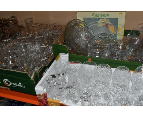 FOUR BOXES OF MIXED GLASSWARE to include six Royal Doulton brandy glasses, three Royal Doulton port glasses, a quantity of de