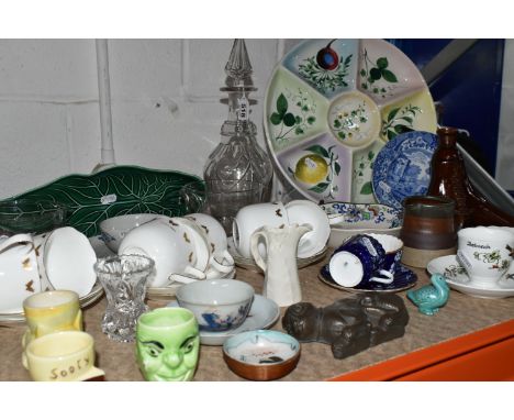 A GROUP OF CERAMICS AND GLASS WARE, to include a cut glass decanter of mallet form (some nibbles to stopper), two glass rinse