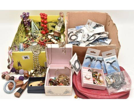 A BOX OF ASSORTED ITEMS, to include a large quantity of unopened souvenir jewellery, assorted costume jewellery, trinket boxe