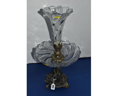 A VINTAGE CRYSTAL EPERGNE CENTREPIECE, art nouveau style serpent pattern, with crystal bowl and crystal vase in the centre, s