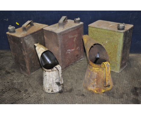 THREE VINTAGE FUEL CANS AND TWO OIL JUGS including a Shell jug and fuel can with brass Shell cap (handle missing), a two fuel