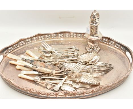 A SELECTION OF SILVER FLATWARE AND A SELECTION OF SILVER PLATED WARE, to include five silver dessert spoons, hallmarks for Lo