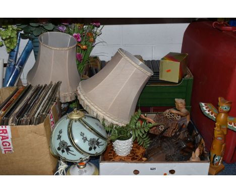 FOUR BOXES AND LOOSE SUITCASES, RECORDS, BOOKS, TABLE LAMPS AND SUNDRY ITEMS, to include two large American Tourister suitcas