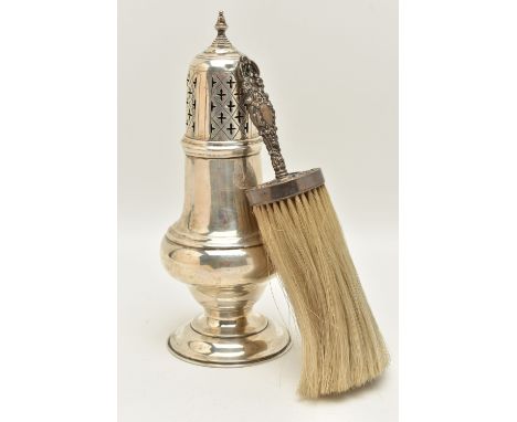 A VICTORIAN SILVER SUGAR CASTER AND CRUMB BRUSH,  plain form with acorn finial and quatrefoil pierced detail, approximate hei
