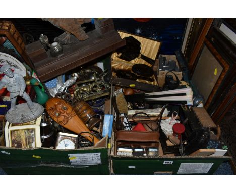 THREE BOXES AND LOOSE METALWARE, WICKER AND SUNDRIES, to include a spelter figure of a Sailor, brass candle sticks, brass fig