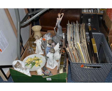 TWO BOXES AND LOOSE RECORDS, PICTURES, CERAMICS AND SUNDRY ITEMS, to include approximately fifty LPs and vinyl singles to inc