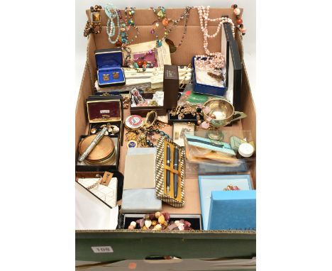 A BOX OF ASSORTED SEMI-PRECIOUS JEWELLERY, COSTUME JEWELLERY AND ITEMS, to include a long single strand of cultured pearls, a