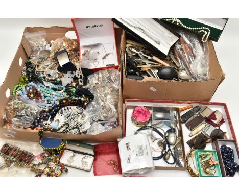 A BOX OF JEWELLERY AND CUTLERY ETC., to include a cultured pearl necklace, the spring ring clasp stamped 9ct, a cheroot holde