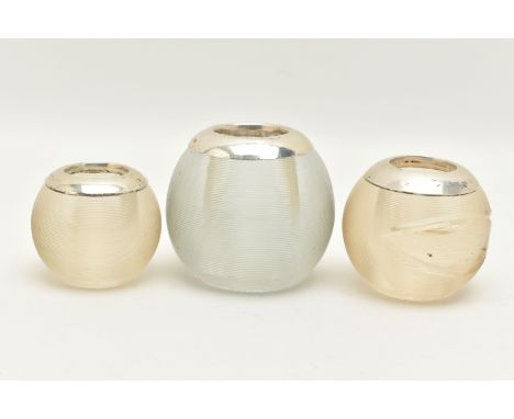 THREE CUT GLASS AND SILVER MOUNTED MATCH STICK STRIKERS/HOLDERS, each of a round glass form, fitted with silver collars, one 