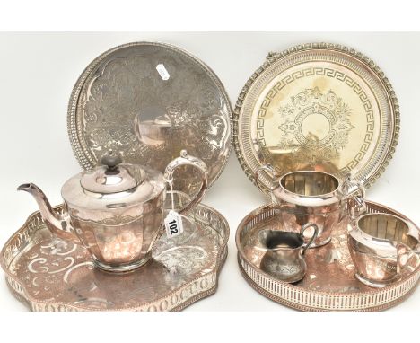 AN ASSORTMENT OF SILVER PLATE TABLE WARE, to include three trays, a salver, a 'Walker &amp; Hall' three piece tea set, to inc