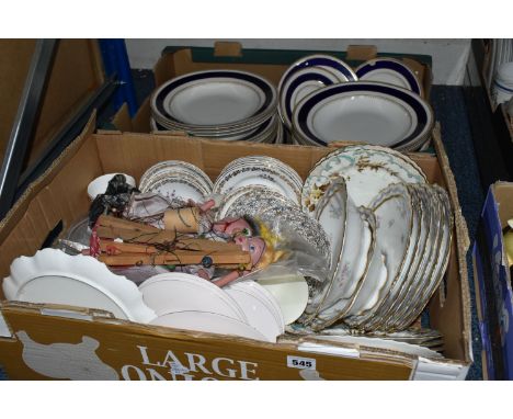 TWO BOXES OF TEA AND DINNER WARE AND TWO PELHAM PUPPETS, to include approximately thirty pieces of Wedgwood &amp; Co dinner w