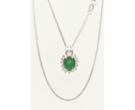 A WHITE METAL EMERALD AND DIAMOND PENDANT WITH AND 18CT WHITE GOLD CHAIN, the oval cluster pendant set with a central oval cu