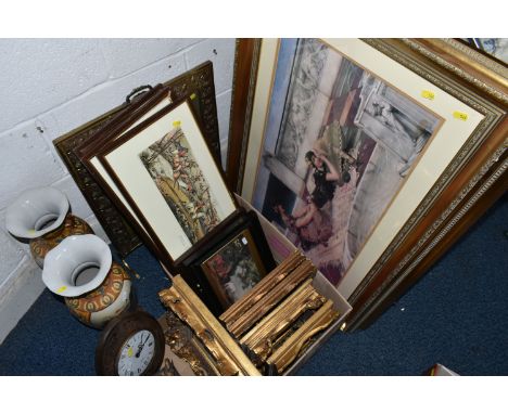 TWO BOXES AND LOOSE FRAMED PICTURES AND SUNDRIES, to include five small pictures with large foliate gilt frames, a set of fou