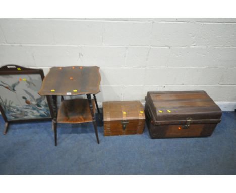 AN EDWARDIAN MAHOGANY TWO TIER OCCASIONAL TABLE, raised on turned and tapered legs, 51cm squared x height 65cm, a metal trave