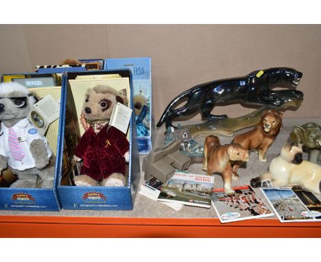 A COLLECTION OF ANIMAL FIGURINES, COLLECTABLE MEERKAT FIGURES, AND A VINTAGE VIEWMASTER, comprising of a vintage black panthe