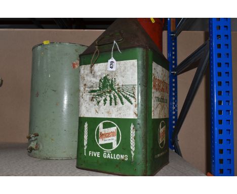AN AGRICASTROL TRACTOR OIL PYRAMID CAN, with a vintage Ignex Fire Extinguisher and a repainted Oil/Paraffin dispensing drum w
