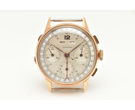 A LEONIDAS WRISTWATCH IN YELLOW METAL, the circular silver dial with rose tone hourly applied markers, rose tone Arabic numer