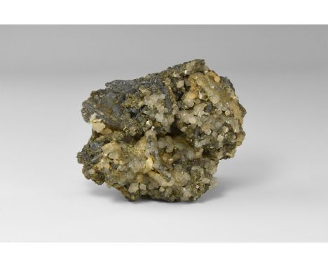 A specimen of tetrahedrite, sphalerite, galena, quartz, and pyrite on matrix, from Cornwall, in old white card tray with adhe