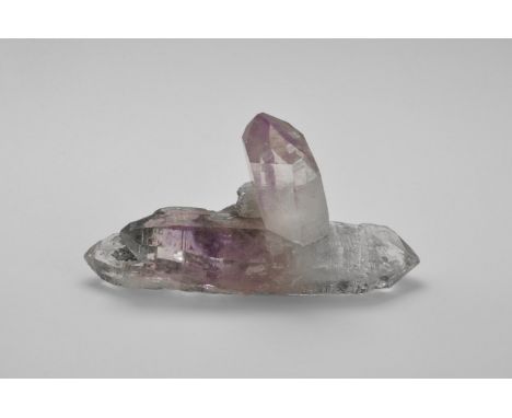 Three inter-grown amethyst crystals from the now extinct deposit at Queretero, Mexico, in old white card tray with handwritte