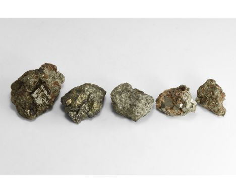 Group of five pyrite specimens with well-formed crystals, from Mexico. Found Mexico; from the historic ‘Victorian Museum’ col