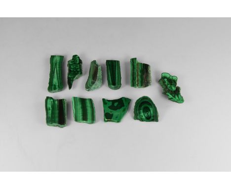 A group of ten one-off polished malachite mineral specimens of good quality malachite. From the historic ‘Victorian Museum’ c