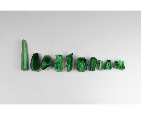 A group of ten one-off polished malachite mineral specimens of good quality malachite. From the historic ‘Victorian Museum’ c