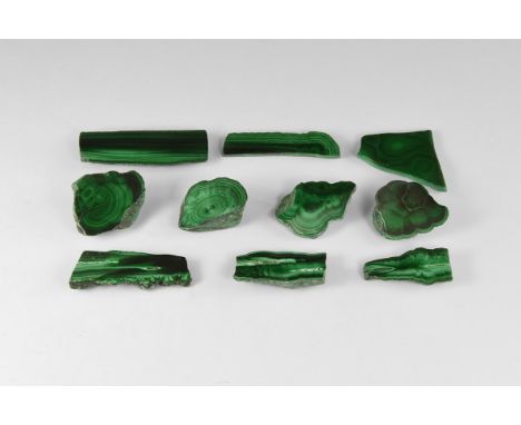 A group of ten one-off polished malachite mineral specimens of good quality malachite. From the historic ‘Victorian Museum’ c