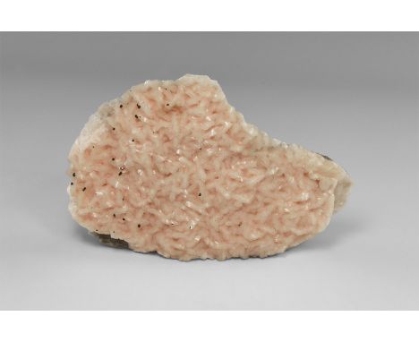 A crust of finely-formed pink dolomite crystals on a groundmass of dolomitic limestone, with small crystals of an unidentifie