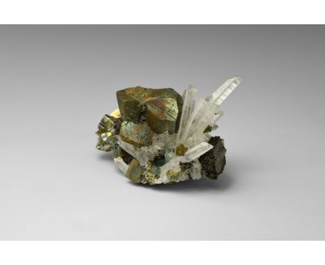 A fine specimen of chalcopyrite and quartz, with accessory pyrite and sphalerite, from Peru, in old white card tray with old 