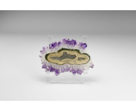 A section through an agate-centred amethyst stalactite, polished on both sides, in old white card tray with old Gregory, Bott