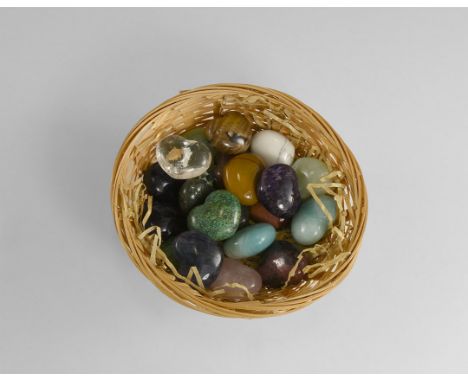 A shrink wrapped and unopened basket containing twenty gemstone hearts including jasper, agate, rose quartz, rock crystal, am