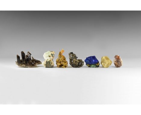 A group of seven fine, collectable mineral specimens including: vanadinite, green apophyllite, azurite, wulfenite, sphalerite