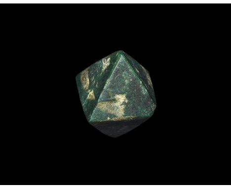 A rare replacement (pseudomorph) of an octahedral cuprite crystal by malachite; in old white card tray with old Gregory, Bott