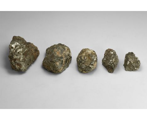 Group of five pyrite specimens with well-formed crystals, from Mexico. Found Mexico; from the historic ‘Victorian Museum’ col