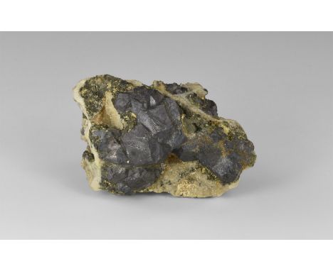 A Cornish specimen of galena crystals on quartz, crystals both side of specimen, in old white card tray with old Gregory, Bot