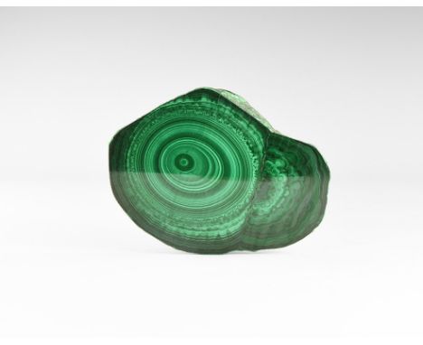 A polished cross-section of a malachite stalactite from Zaire, in old white card tray with old Gregory, Bottley and Lloyd lab