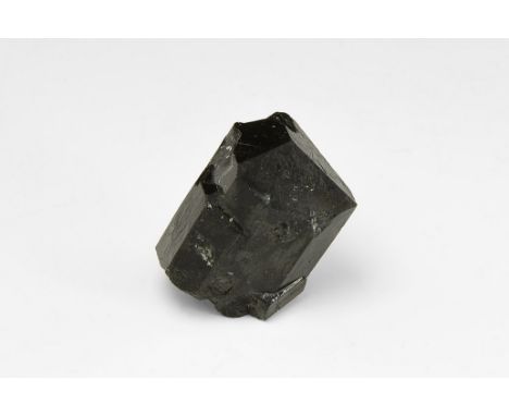 An unusual double-terminated crystal of schorl (black) tourmaline, from Brazil, in white card tray with Gregory, Bottley and 