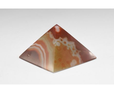 An exceptionally fine pyramid cut in banded Brazilian agate, with perfect pyramid form and highly polished faces and base. Fo