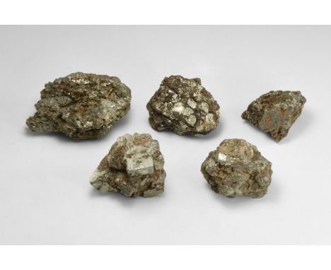 Group of five pyrite specimens with well-formed crystals, from Mexico. From Mexico; from the historic ‘Victorian Museum’ coll