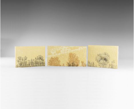 A group of three sawn rectangular shale specimens with manganese oxide dendrites, in old white card tray. From the historic ‘