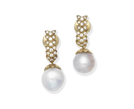 CULTURED PEARL AND DIAMOND-SET PENDANT EARRINGSEach brilliant-cut diamond foliate surmount suspending a 12.4mm and 11.5mm cul