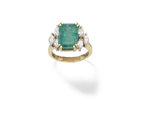 EMERALD AND DIAMOND-SET RINGThe step-cut emerald set between marquise-cut diamond shoulders,  maker's mark, Belgium assay mar