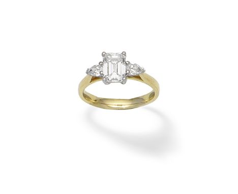 DIAMOND SINGLE-STONE RINGThe step-cut diamond, weighing 1.28 carats, between pear-shaped diamond shoulders, ring size approx.