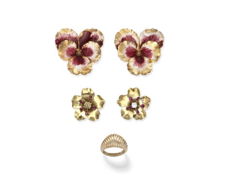 TIFFANY: RING, PANSY EARRINGS AND DIAMOND AND RUBY-SET FLOWER EARCLIPS,1st: of bombé form, the mount of reeded design, 2nd: e